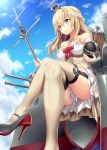  1girl blonde_hair blue_eyes braid breasts clouds cloudy_sky crossed_legs crown dress french_braid from_below garter_straps hairband half_updo high_heels holding jewelry kantai_collection kase_daiki long_hair machinery medium_breasts mini_crown necklace sky solo thigh-highs warspite_(kantai_collection) 