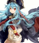  blue_eyes buttons c._verges cape floating_hair hat highres last_period long_hair looking_at_viewer nekojita_(ika_neko46) pirate pirate_hat red_eyes simple_background standing white_background 