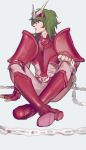  1boy andromeda_shun armor boots chain clenched_hand emg_(christain) green_eyes green_hair hand_on_own_knee highres indian_style knee_boots male_focus parted_lips saint_seiya simple_background sitting solo 