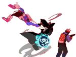  1girl 2boys arm_strap arms_up black_clothes black_jacket bodysuit boots bracer brown_hair charm_(object) clothes_writing coat covered_mouth d.va_(overwatch) darkness dual_wielding e-mail_address face_mask flying_kick from_behind gloves gun handgun headphones holster hood hooded_jacket jacket kicking long_hair long_sleeves looking_back mask midair multiple_boys mundal overwatch pants pauldrons pilot_suit reaper_(overwatch) red_gloves ribbed_bodysuit scar scar_across_eye short_hair shotgun shoulder_pads simple_background soldier:_76_(overwatch) standing thigh-highs thigh_boots thigh_strap trench_coat turtleneck visor weapon white_background white_boots white_gloves white_hair 