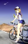  1girl ass baseball_cap bicycle bike_jersey bike_shorts blonde_hair blue_eyes blue_sky blush bottle clouds from_behind ground_vehicle hat highres long_hair looking_at_viewer looking_back open_mouth original outdoors riding road scenery shoes shuffle_(songdatiankong) sky sneakers solo water_bottle 