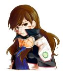  1girl bangs blood bloody_clothes broken_glasses brown_eyes brown_hair d.va_(overwatch) eyebrows facepaint facial_mark from_side goggles goggles_around_neck jacket long_hair looking_at_viewer mangododo open_mouth overwatch pilot_suit simple_background solo upper_body whisker_markings white_background 