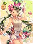  1girl :p apron dark_skin flower fomantis green_eyes green_hair hibiscus mallow_(pokemon) naru_(andante) pokemon pokemon_(game) pokemon_sm tongue tongue_out twintails 