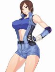  1girl armpit_peek bare_shoulders belt black_gloves blue_bra blush bra breasts brown_eyes brown_hair center_opening collarbone commentary_request cowboy_shot elbow_pads fingerless_gloves gloves grin hand_on_hip highres jumpsuit kazama_asuka large_breasts looking_at_viewer midriff namco navel short_hair sleeveless smile solo sports_bra stomach tekken tetsuo_(tetuo1129) underwear unzipped white_background wrist_guards 