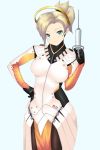  1girl blonde_hair blue_background blue_eyes bodysuit breasts brown_legwear cowboy_shot hand_on_hip high_ponytail highres holding large_breasts light_smile long_hair looking_at_viewer mechanical_halo mercy_(overwatch) no_wings overwatch pantyhose pelvic_curtain ponytail simple_background solo swiss_flag syringe tonaitoo 