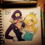  1boy 1girl bare_shoulders blue_eyes blush couple crown earrings english eyelashes facial_hair gloves grin hair_over_one_eye hand_on_hip hat highres jewelry lips looking_at_viewer super_mario_bros. mustache omar_dogan outline overalls ring rosetta_(mario) sketchbook smile traditional_media waluigi 