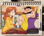  1girl 2boys :o against_window artist_name blue_eyes blush brown_hair cheating commentary couple cup earrings eyelashes facial_hair hat highres jewelry lips long_hair looking_down luigi super_mario_bros. mario_party marshmallow mittens mug multiple_boys mustache netorare omar_dogan pantyhose princess_daisy scarf signature sitting sketchbook sweater traditional_media wario window 