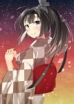  1girl akizuki_(kantai_collection) black_eyes black_hair checkered_pattern fan hands_clasped headgear japanese_clothes kankitsunabe_(citrus) kantai_collection kimono long_hair ponytail smile yukata 