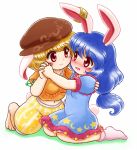  2girls animal_ears barefoot blonde_hair blue_dress blue_hair blush bobby_socks breasts bunny_tail cheek-to-cheek chibi crescent crop_top dress ear_clip eye_contact flat_cap frilled_skirt frills hand_on_another&#039;s_back hat holding_hands interlocked_fingers kneeling long_hair looking_at_another low-tied_long_hair midriff multiple_girls navel nitamago puffy_shorts rabbit_ears red_eyes ringo_(touhou) seiran_(touhou) short_hair short_sleeves shorts simple_background sitting skirt smile socks star star_print sweat tail touhou wariza white_background yuri 