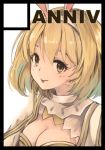  1girl animal_ears bangs blonde_hair breasts brown_eyes cape circle_cut cleavage closed_mouth djeeta_(granblue_fantasy) fake_animal_ears granblue_fantasy hair_between_eyes hairband medium_breasts otogi_kyouka rabbit_ears sage_(granblue_fantasy) short_hair smile solo tongue tongue_out upper_body 