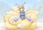  1girl aor_saiun blonde_hair commentary_request expressive_clothes fox_tail hat multiple_tails short_hair solo tabard tail touhou translation_request yakumo_ran yellow_eyes 
