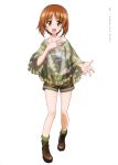  1girl absurdres bra brown_hair camouflage camouflage_shorts collarbone copyright_name eyebrows eyebrows_visible_through_hair full_body girls_und_panzer green_legwear highres nishizumi_miho official_art open_mouth see-through short_hair shorts simple_background socks solo underwear white_background white_bra 