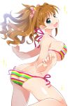  1girl ass bikini blush breasts brown_hair green_eyes hair_ribbon hino_akane_(idolmaster) idolmaster large_breasts long_hair looking_at_viewer mio_(mgr300) open_mouth polka_dot_ribbon ponytail ribbon simple_background solo sparkle striped striped_bikini swimsuit wavy_hair wavy_mouth white_background 