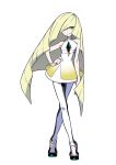  1girl absurdres blonde_hair commentary full_body green_eyes hair_over_one_eye hand_on_hip highres long_hair looking_at_viewer lusamine_(pokemon) official_art pokemon pokemon_(game) pokemon_sm sleeveless smile very_long_hair 