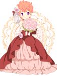  1girl bare_shoulders bouquet dress elbow_gloves flower gloves hair_flower hair_ornament highres holding hoop_skirt jojo_no_kimyou_na_bouken mozuku_(13domon) pink_hair pink_rose red_dress red_gloves rose short_hair smile solo trish_una violet_eyes 