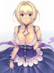  1girl bare_shoulders blonde_hair blue_eyes blush breasts choker cleavage collarbone corset dirndl german_clothes gradient gradient_background hair_intakes highres large_breasts looking_at_viewer nadare-san_(nadare3nwm) open_mouth phalanx_(sekaiju) sekaiju_no_meikyuu sekaiju_no_meikyuu_3 short_hair simple_background skirt solo white_background wrist_cuffs 