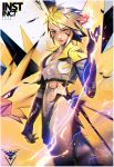  1girl blonde_hair breasts electricity facial_mark jewelry lips necklace nose personification poke_ball pokemon pokemon_go ross_tran short_hair solo spiky_hair team_instinct yellow_eyes zapdos 