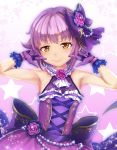  1girl artist_request bare_shoulders blush breasts brown_eyes corset dress eyebrows eyebrows_visible_through_hair flower hair_ornament highres idolmaster idolmaster_cinderella_girls idolmaster_cinderella_girls_starlight_stage koshimizu_sachiko pearl pointing purple_hair rose short_hair sleeveless small_breasts smile solo star 