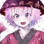  1girl alternate_hair_color blush bowl bowl_hat cherry_blossoms cpqm face fang hat highres japanese_clothes looking_at_viewer open_mouth pink_hair portrait short_hair smile solo sukuna_shinmyoumaru touhou violet_eyes white_background 