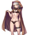  1girl :/ ass_visible_through_thighs bikini black_bikini braid breasts brown_eyes cleavage cloak closed_mouth cowboy_shot dragon&#039;s_crown elf elf_(dragon&#039;s_crown) eyebrows eyebrows_visible_through_hair groin holster hood hooded_cloak katagiri_(a1466502) knife looking_at_viewer navel pointy_ears short_hair silver_hair small_breasts solo stomach swimsuit thigh_holster twin_braids white_background 