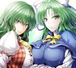  &gt;:) 2girls arm_garter ascot blush bow bowtie breast_hold breast_press breasts buttons capelet closed_mouth collared_shirt crossed_arms dress_shirt green_eyes green_hair hair_bow hair_intakes juliet_sleeves kazami_yuuka large_breasts long_hair long_sleeves looking_at_viewer looking_to_the_side mima multiple_girls open_clothes open_vest plaid plaid_vest puffy_sleeves shirt smile stage_connection symmetrical_docking touhou touhou_(pc-98) trait_connection upper_body vest white_bow y2 yellow_bow yellow_bowtie 