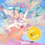  1girl :d absurdly_long_hair ahoge ass atdan bikini bird blue_eyes blue_hair blue_sky character_name clouds cloudy_sky cover cover_page doujin_cover flower hair_ribbon hatsune_miku highres jumping long_hair looking_at_viewer open_mouth petals red_bikini ribbon seagull sky smile swimsuit twintails very_long_hair vocaloid 