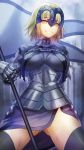  1girl armor blonde_hair breasts chain fate/grand_order fate_(series) headpiece highres jeanne_alter large_breasts panties pantyshot pantyshot_(standing) ruler_(fate/apocrypha) ruler_(fate/grand_order) short_hair shouhei smile solo standard_bearer standing thigh-highs thighs underwear yellow_eyes 