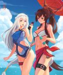  2girls bikini bottle brown_hair casual_one-piece_swimsuit coca-cola crossover head_wreath highres kantai_collection long_hair low-tied_long_hair multiple_girls navel one-piece_swimsuit original pacific personification ponytail ramune red_eyes sarong sima_naoteng smile swimsuit umbrella uss_missouri_(bb-63) very_long_hair violet_eyes white_hair yamato_(kantai_collection) 