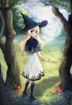  1girl blonde_hair blue_eyes boots capelet flower forest hat high_heel_boots high_heels highres jellybox looking_back mushroom nature solo witch_hat 