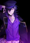  1boy arm_up belt black_background black_hair cross cross_necklace ensemble_stars! headset jacket jewelry looking_at_viewer necklace open_clothes open_jacket parted_lips red_eyes sakuma_rei_(ensemble_stars!) simple_background solo wavy_hair xia_(ryugo) 