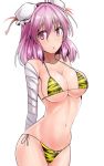  1girl :o ahoge alternate_costume arched_back armpit_peek arms_behind_back bandaged_arm bikini blush breasts bun_cover cleavage collarbone commentary_request cowboy_shot double_bun groin hair_bun highres ibaraki_kasen large_breasts looking_at_viewer micro_bikini navel pink_eyes pink_hair print_bikini red_ribbon ribbon short_hair side-tie_bikini solo stomach swimsuit tiger_print touhou under_boob white_background y2 