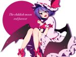  1girl ascot bat_wings blush bow english fang hat hat_ribbon looking_at_viewer mob_cap open_mouth puffy_sleeves purple_hair red_bow red_shoes remilia_scarlet ribbon shoes short_sleeves simple_background slit_pupils solo touhou violet_eyes white_background wings you_(noanoamoemoe) 