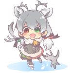  1girl :d animal_ears antlers arms_behind_back bell bell_collar blush boots chibi coat collar dot_nose full_body fur-trimmed_boots fur_collar fur_trim gradient_hair green_eyes green_ribbon grey_coat grey_hair hair_ornament hair_ribbon heterochromia kemono_friends long_hair long_sleeves looking_at_viewer low_twintails lowres maora_oto multicolored_hair open_mouth pocket red_eyes red_ribbon reindeer_(kemono_friends) reindeer_antlers reindeer_ears reindeer_tail ribbon shoe_ribbon simple_background smile solo standing tail twintails two-tone_hair white_background white_boots white_footwear white_hair 
