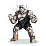  1boy boots clenched_hands clenched_teeth dragon_ball dragon_ball_z grin hands_up hat kei-suwabe muscle peaked_cap short_hair sketch smile spopovich steam teeth torn_clothes unitard veins white_background 