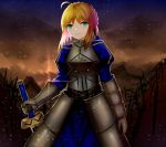  1girl absurdres ahoge armor armored_dress artist_request blonde_hair breastplate excalibur fate/stay_night fate_(series) green_eyes highres juliet_sleeves long_sleeves puffy_sleeves saber short_hair solo 