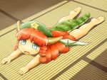  1girl beret blue_eyes blush_stickers braid dragon_horns dragon_tail dragon_wings fangs green_hat hat hong_meiling hong_meiling_(dragon) horns indoors long_hair lying nude on_stomach open_mouth redhead scales shiny shiny_hair shirosato soles solo star sunlight tail tatami toes touhou twin_braids very_long_hair wings younger 