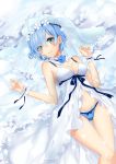  1girl alternate_costume babydoll blue_eyes blue_hair blue_panties blue_rose breasts detached_collar eyes_visible_through_hair flower hair_over_one_eye headdress lingerie looking_at_viewer lying medium_breasts navel on_back panties re:zero_kara_hajimeru_isekai_seikatsu rem_(re:zero) rose short_hair smile ten-chan_(eternal_s) underwear underwear_only veil wrist_cuffs 