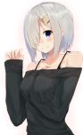  1girl absurdres alternate_costume bare_shoulders between_breasts black_sweater blue_eyes blush breasts collarbone hair_ornament hair_over_one_eye hairclip hamakaze_(kantai_collection) hand_between_breasts highres kantai_collection large_breasts long_sleeves looking_at_viewer shimohasira short_hair silver_hair simple_background smile solo sweater upper_body white_background 