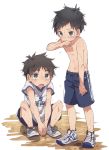  2boys black_hair blue_eyes gym_shirt gym_shorts gym_uniform hands_together keitomato male_focus multiple_boys original shirt shirtless shoes shorts simple_background sitting sneakers sweat t-shirt white_background wiping_face 