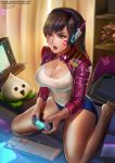  1girl badcompzero breasts brown_hair cleavage commentary computer_keyboard controller d.va_(overwatch) dualshock facial_mark game_controller gamepad long_hair medium_breasts overwatch parted_lips short_shorts shorts sitting solo thighs wariza 