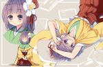  1girl ^_^ bangs blunt_bangs blush bob_cut camellia_(flower) closed_eyes closed_mouth flower forbidden_scrollery hair_flower hair_ornament hieda_no_akyuu japanese_clothes kimono lying on_back parted_lips piyokichi purple_hair seiza sitting solo touhou violet_eyes wide_sleeves 