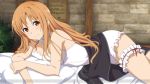  1girl asuna_(sao) bed_sheet breasts brown_eyes brown_hair cleavage game_cg hair_over_shoulder indoors long_hair looking_at_viewer lying medium_breasts neck_garter official_art on_back pillow red_ribbon ribbon smile solo sword_art_online sword_art_online:_hollow_realization thigh_strap tunic watermark 
