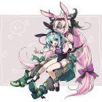  /\/\/\ 1boy 1girl :3 \m/ animal_ears aqua_hair astaroth_(p&amp;d) blush boots bracer bunny_print bunny_tail bunnysuit cauchemar_(p&amp;d) chain dated earrings garters green_eyes hair_ribbon highres horns hug hug_from_behind jewelry kozakura_(dictionary) long_hair looking_at_viewer nail_polish open_mouth pink_eyes pink_hair pink_skin puzzle_&amp;_dragons rabbit_ears ribbon sitting sitting_on_lap sitting_on_person sweatdrop tail wrist_cuffs 