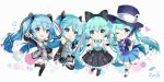  4girls aqua_eyes aqua_hair artist_name blue_eyes blue_hair chibi commentary_request detached_sleeves gloves hat hatsune_miku highres holding_hands k.syo.e+ long_hair magical_mirai_(vocaloid) multiple_girls necktie one_eye_closed open_mouth skirt smile thigh-highs twintails v very_long_hair vocaloid white_gloves 