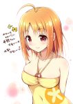  1girl ahoge breasts casual_one-piece_swimsuit cleavage geko love_live! love_live!_sunshine!! one-piece_swimsuit orange_hair red_eyes short_hair smile standing swimsuit takami_chika translation_request 