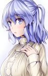  1girl :o alternate_costume blue_eyes blue_hair blush commentary_request half_updo highres letty_whiterock long_sleeves looking_at_viewer looking_to_the_side ribbed_sweater solo sweater touhou upper_body y2 