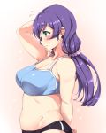  1girl blush breasts buruma gradient gradient_background green_eyes highres long_hair love_live! love_live!_school_idol_project low_twintails midriff moisture_(chichi) navel plump profile purple_hair scrunchie smile solo sports_bra toujou_nozomi twintails 
