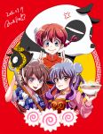  3girls amelie anger_vein blue_hair brown_hair chinese_clothes double_bun double_v egg food grey_eyes kamaboko kuonji_ukyou long_hair looking_at_viewer multiple_girls narutomaki noodles open_mouth p-chan panda pig ramen ranma-chan ranma_1/2 redhead saotome_genma saotome_ranma scarf shampoo_(ranma_1/2) single_thighhigh smile thigh-highs v yellow_eyes 