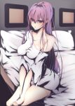  1girl bare_shoulders bed bed_sheet breasts covered_nipples cushion fate/grand_order fate_(series) half-closed_eyes highres looking_to_the_side purple_hair scathach_(fate/grand_order) sitting solo tetsu_(excalibur920) violet_eyes 