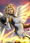 1girl aiming_at_viewer black_gloves blonde_hair blue_eyes bodysuit breasts clouds cloudy_sky cowboy_shot emblem energy gloves glowing glowing_wings gun handgun high_ponytail highres holding holding_gun holding_staff holding_weapon lips looking_at_viewer mechanical_halo mechanical_wings medium_breasts mercy_(overwatch) nose outdoors overwatch pantyhose pistol ponytail purple_sky realistic sky solo spread_wings staff swiss_flag weapon wings yellow_wings zamberz 